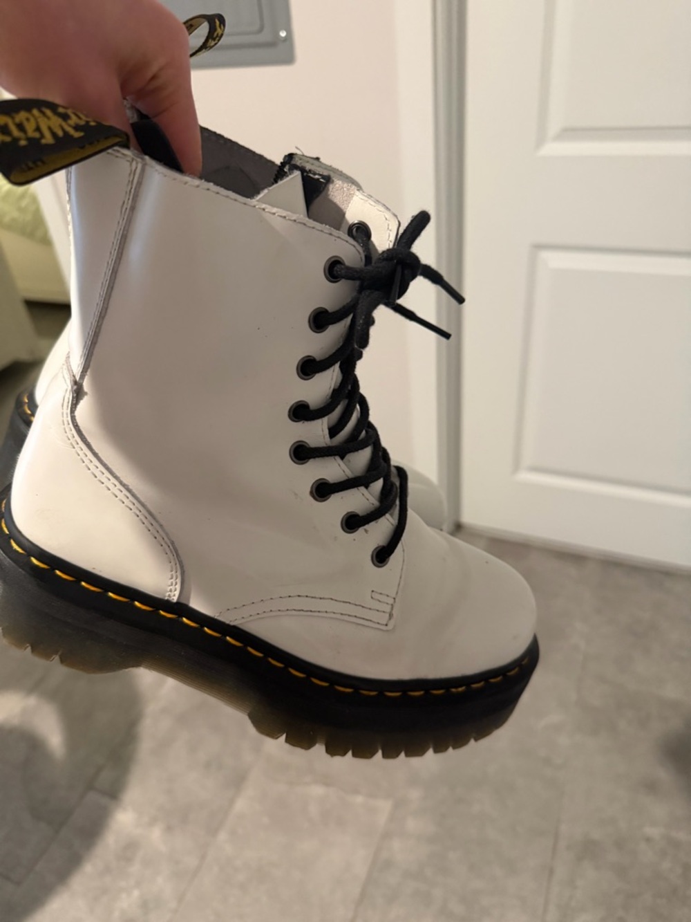 Dr. Martens White Lace-Up Platform Combat Boots with Yellow Welt Stitching